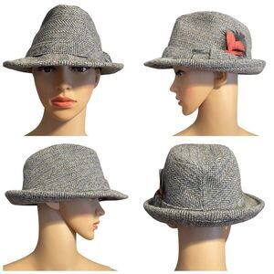 Vintage A-L Tweed Fedora Gray Tan With Coral Orange and Black Feather Detail